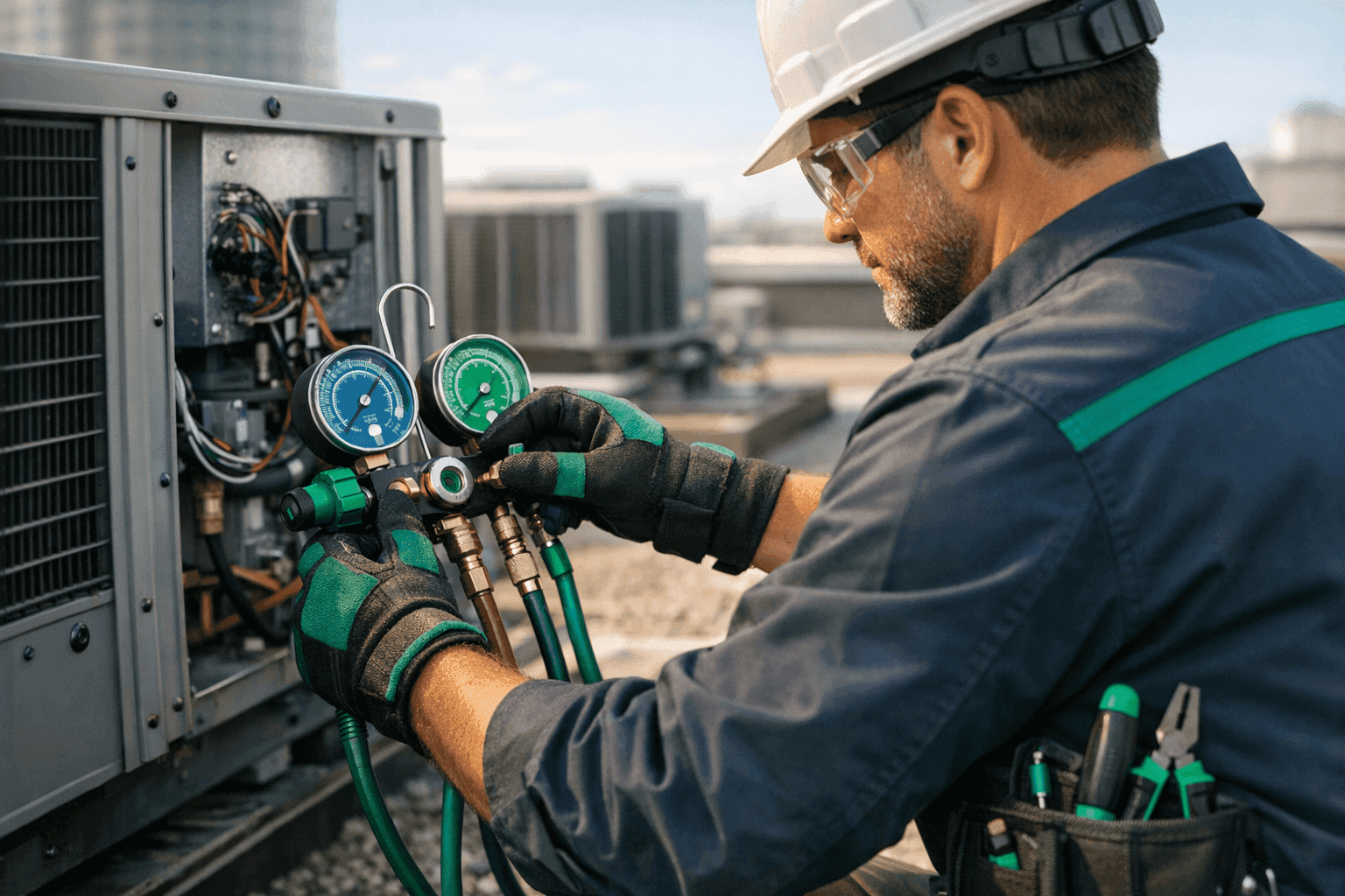 Professional cooling technician wearing safety gear working on rooftop HVAC unit