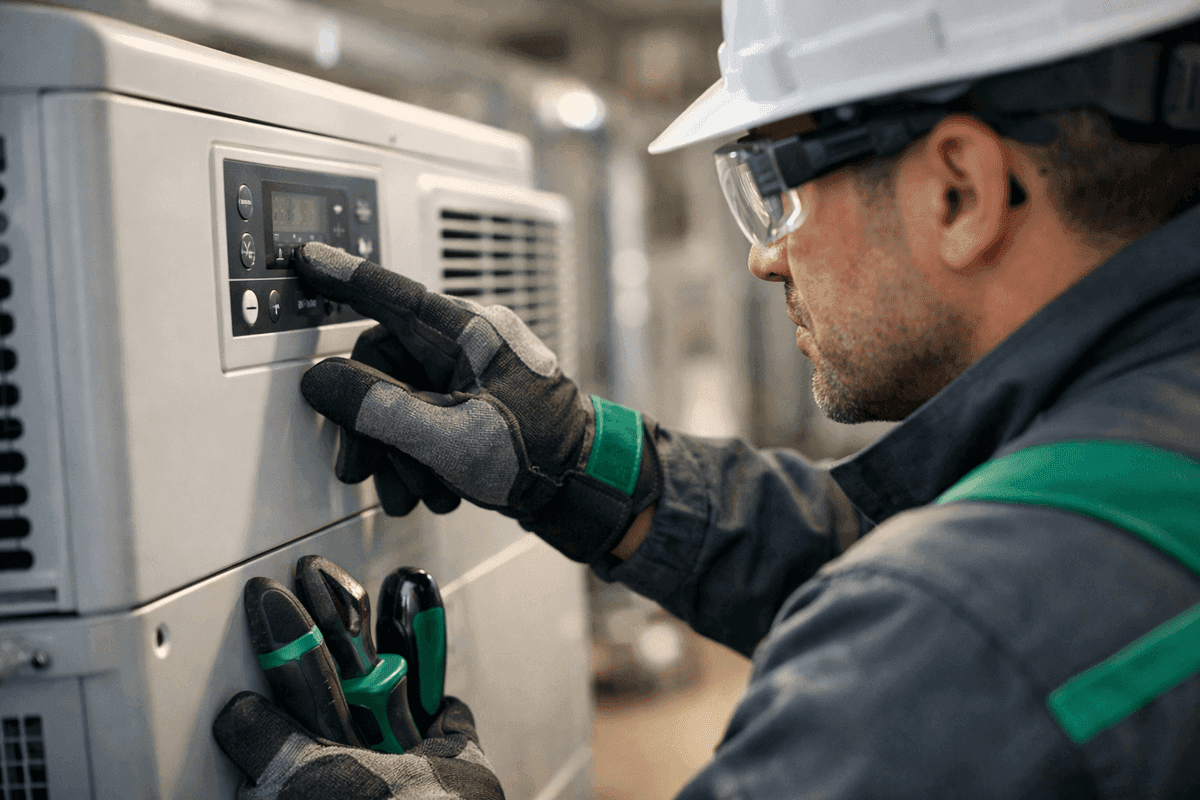 Close-up of technician’s gloved hands adjusting air conditioning unit controls indoors