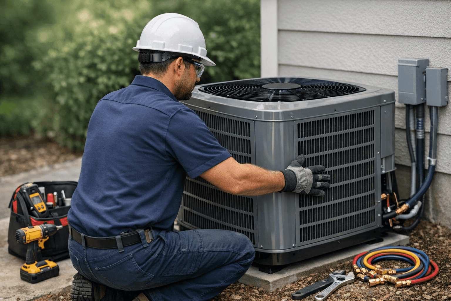 Technician installing new AC condenser unit outside home