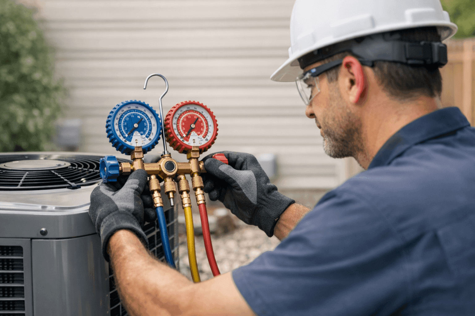 Technician checking AC refrigerant levels with gauges