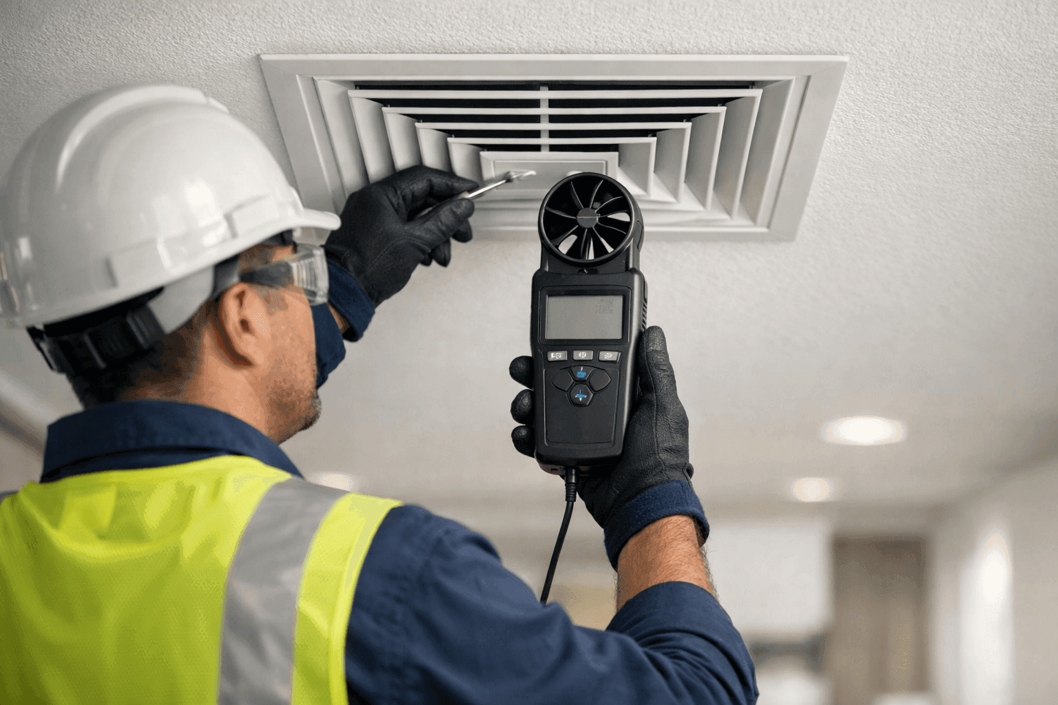 Technician adjusting airflow register in ceiling