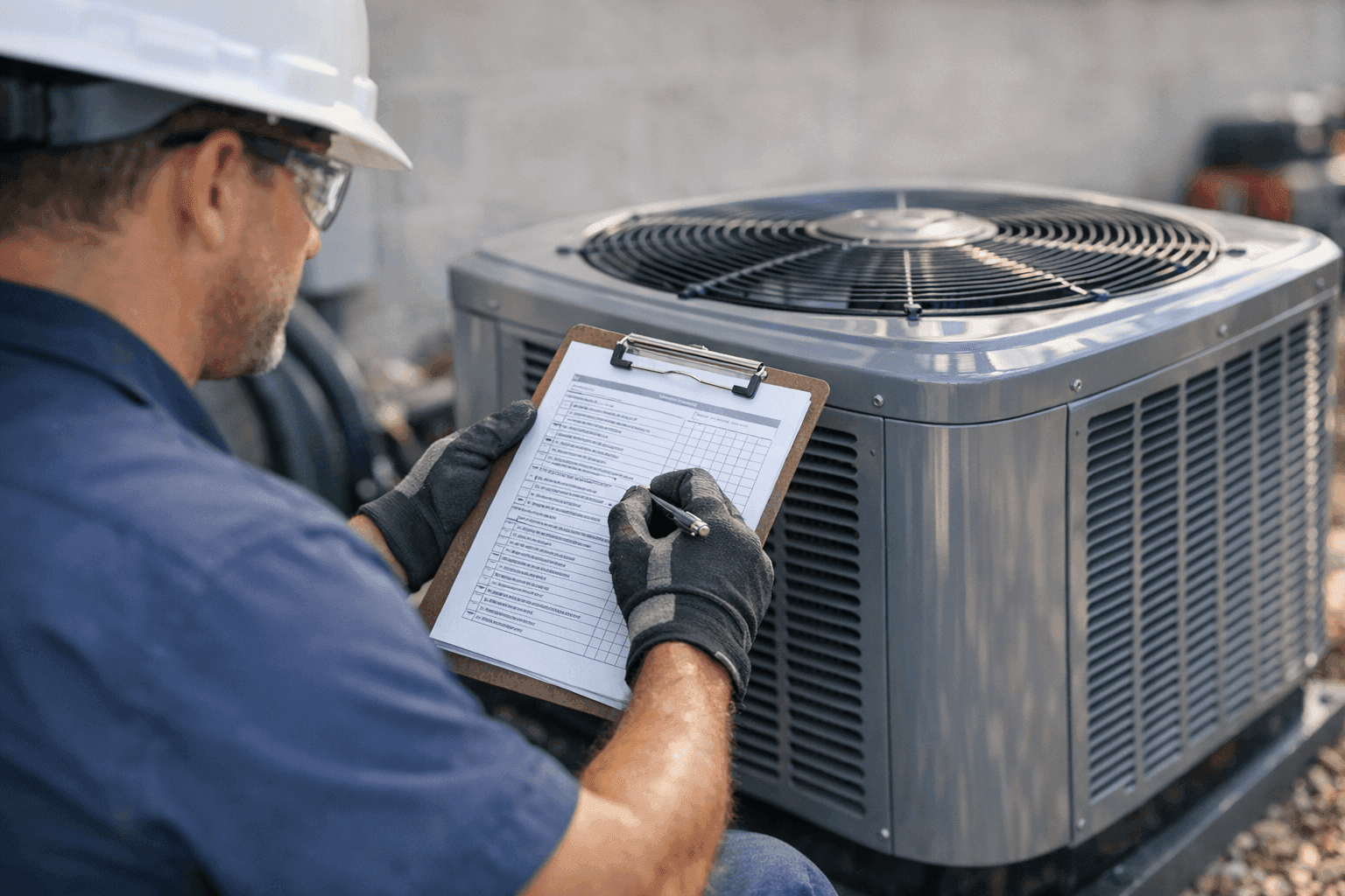 Technician double-checking AC installation checklist