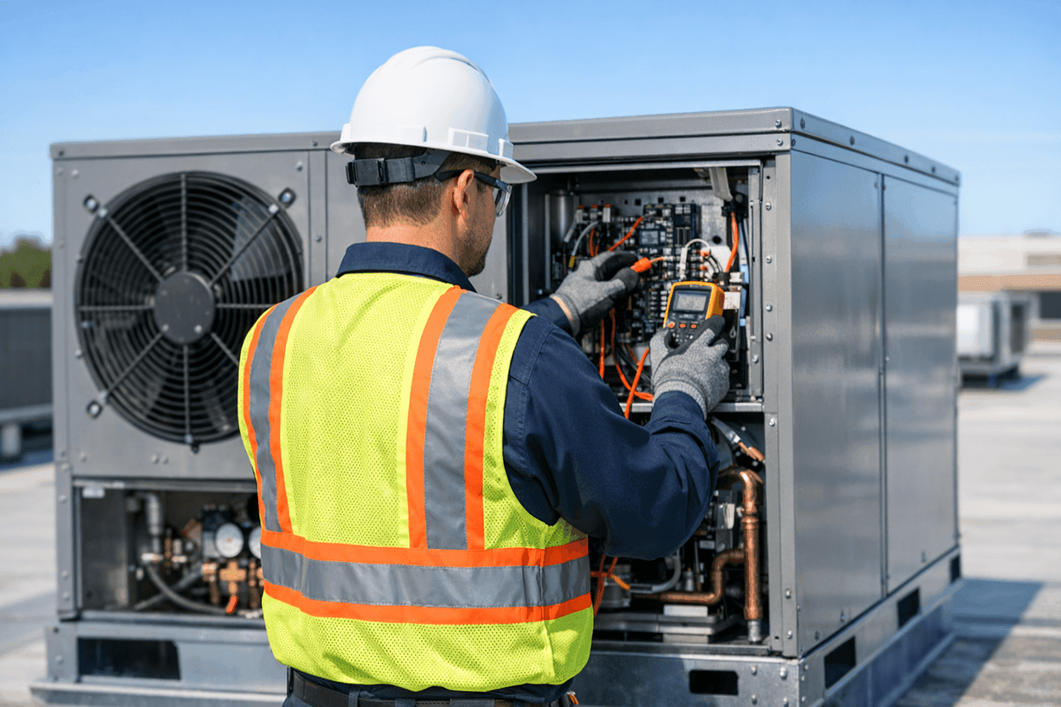 Technician servicing rooftop commercial HVAC unit