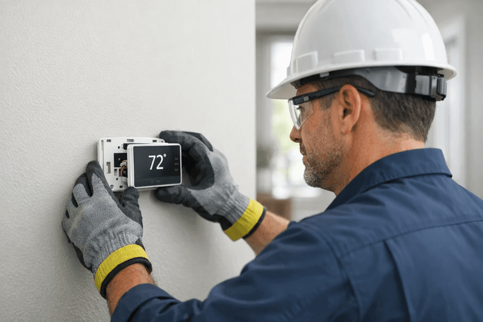 Technician installing thermostat in central hallway