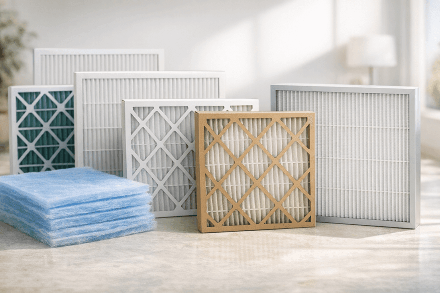 Assorted HVAC filters displayed on clean floor