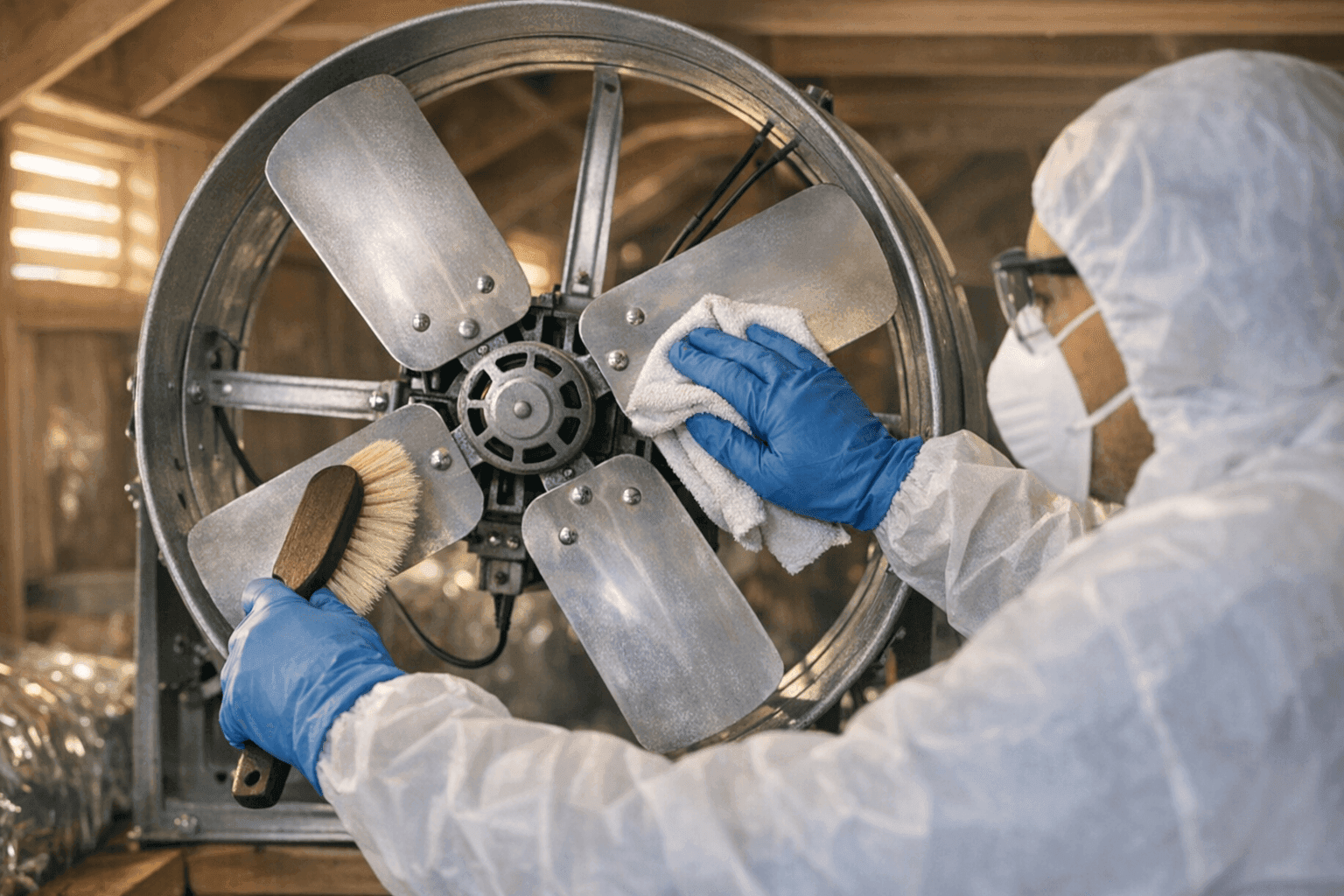 Technician cleaning blades of attic whole-house fan