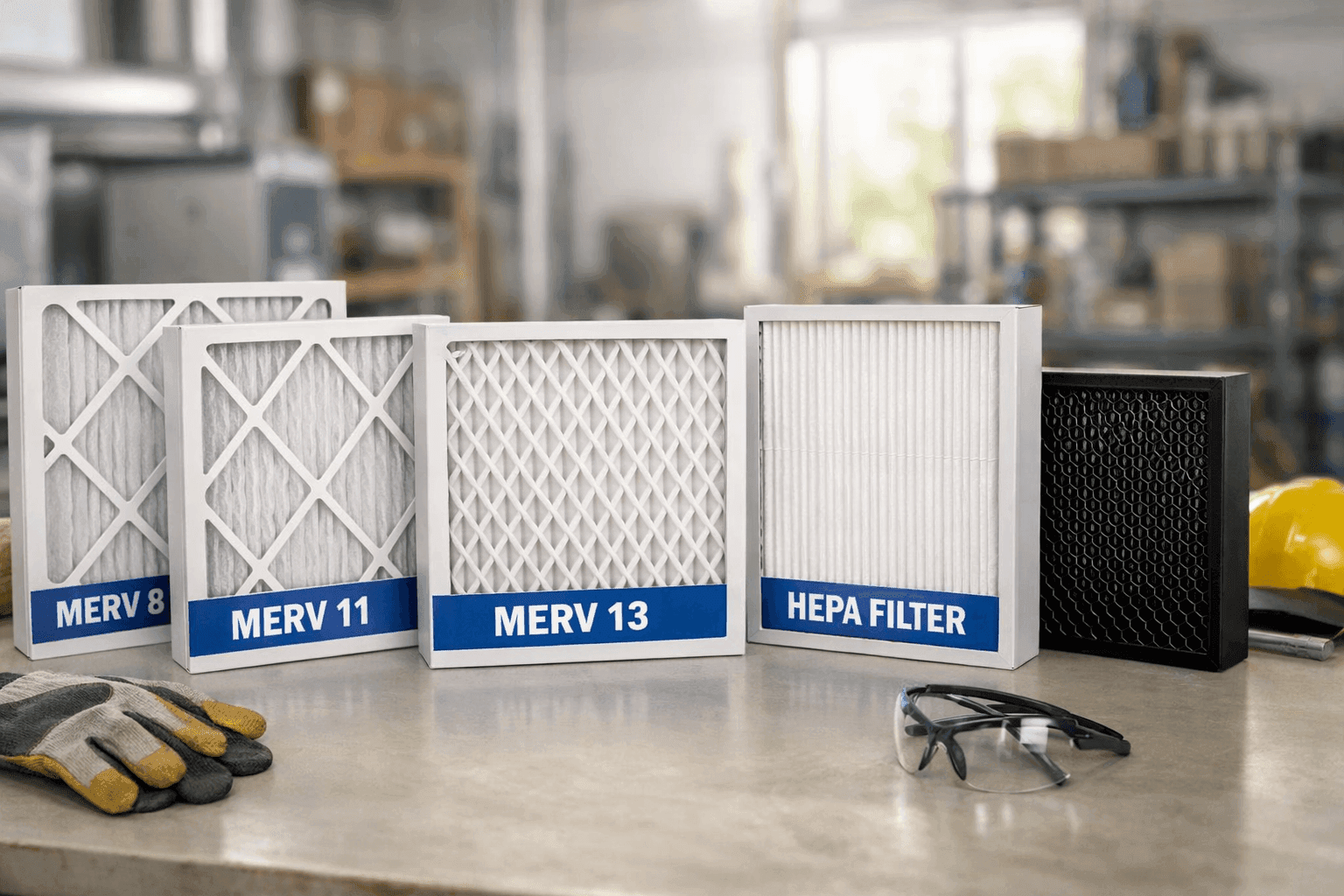 Assorted HVAC filters labeled with ratings on table