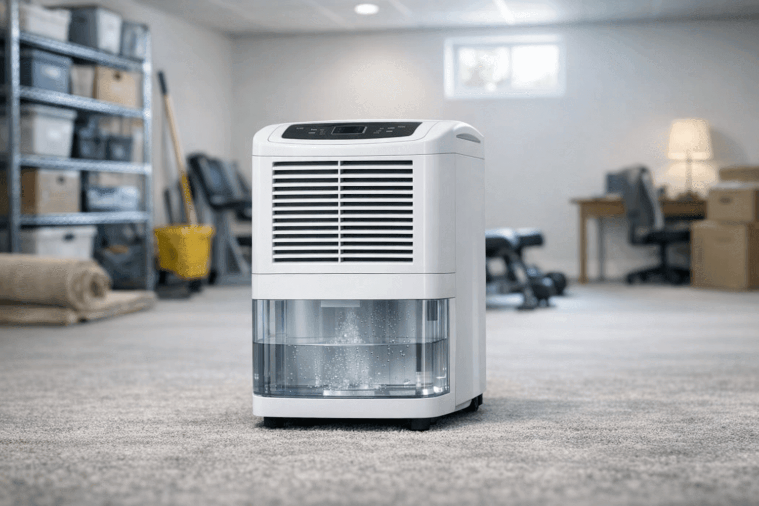 Dehumidifier operating in a finished basement