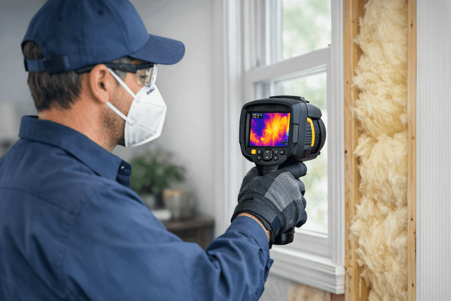Technician using thermal camera to check home insulation