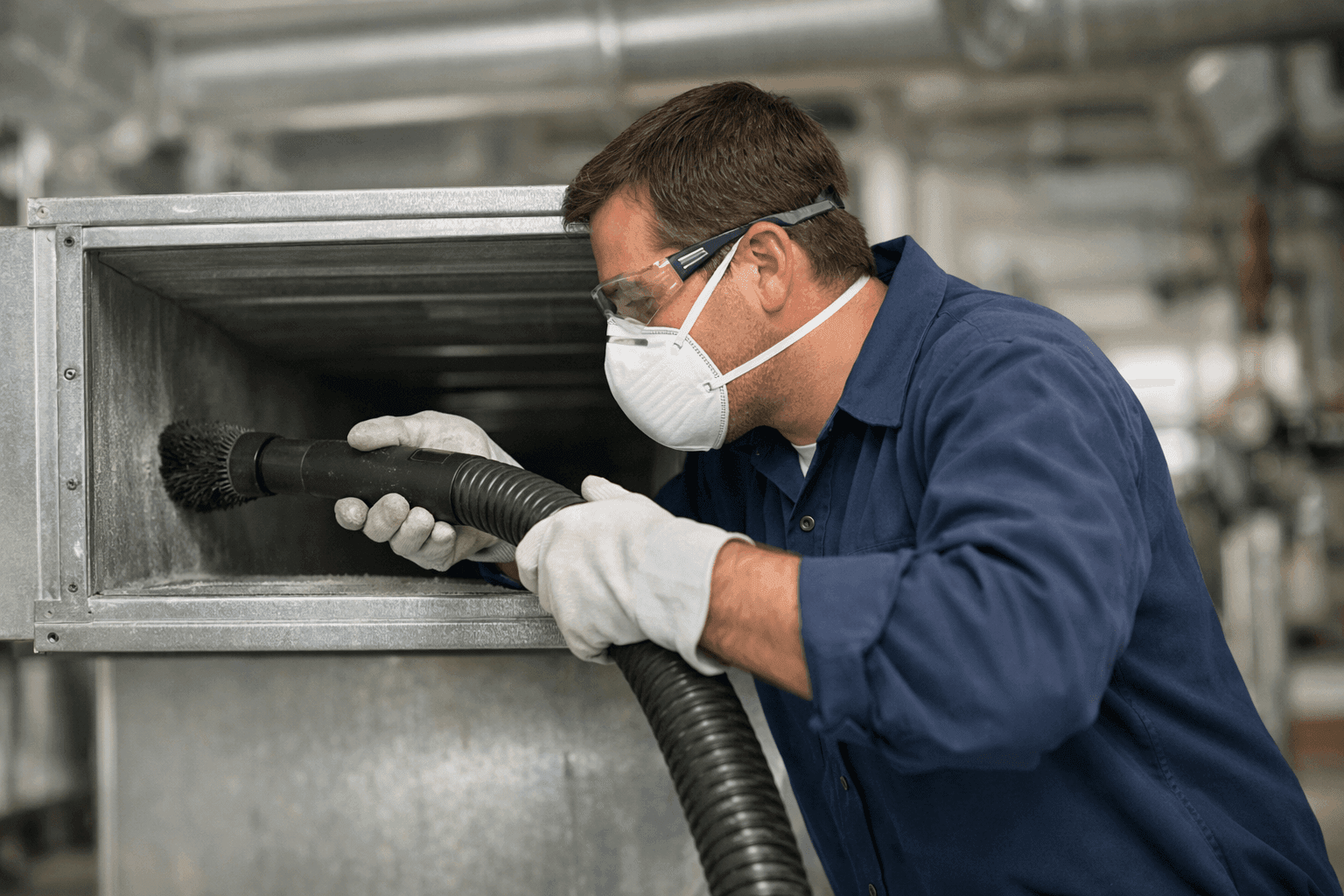 Technician cleaning air ducts with vacuum equipment