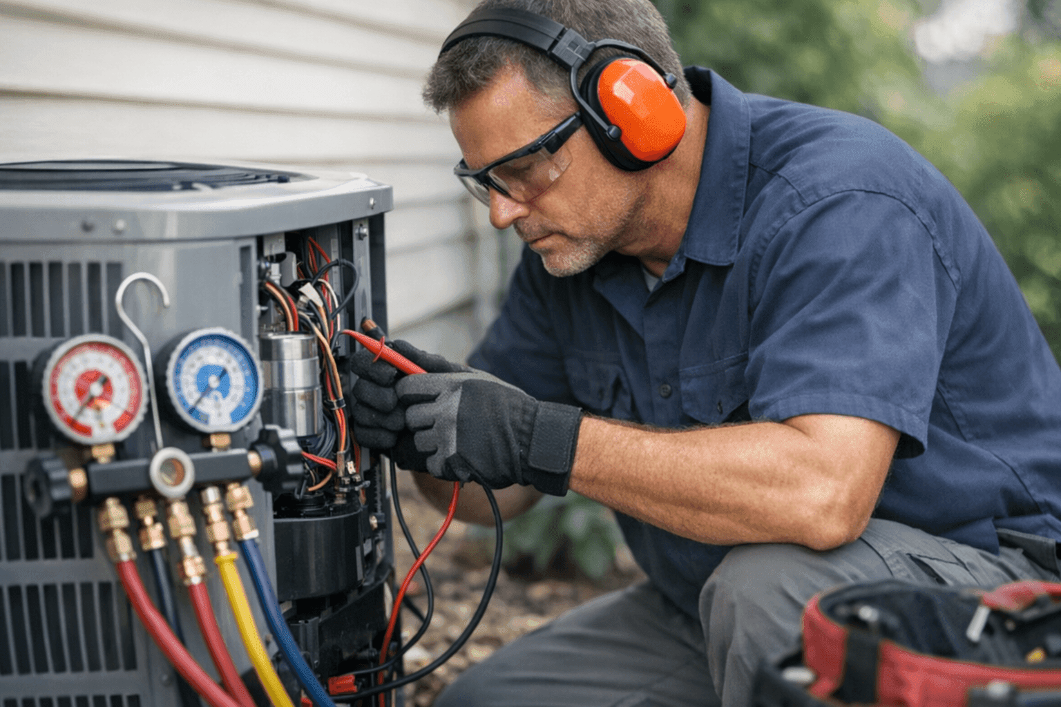 Homeowner using portable fan while waiting for emergency AC repair