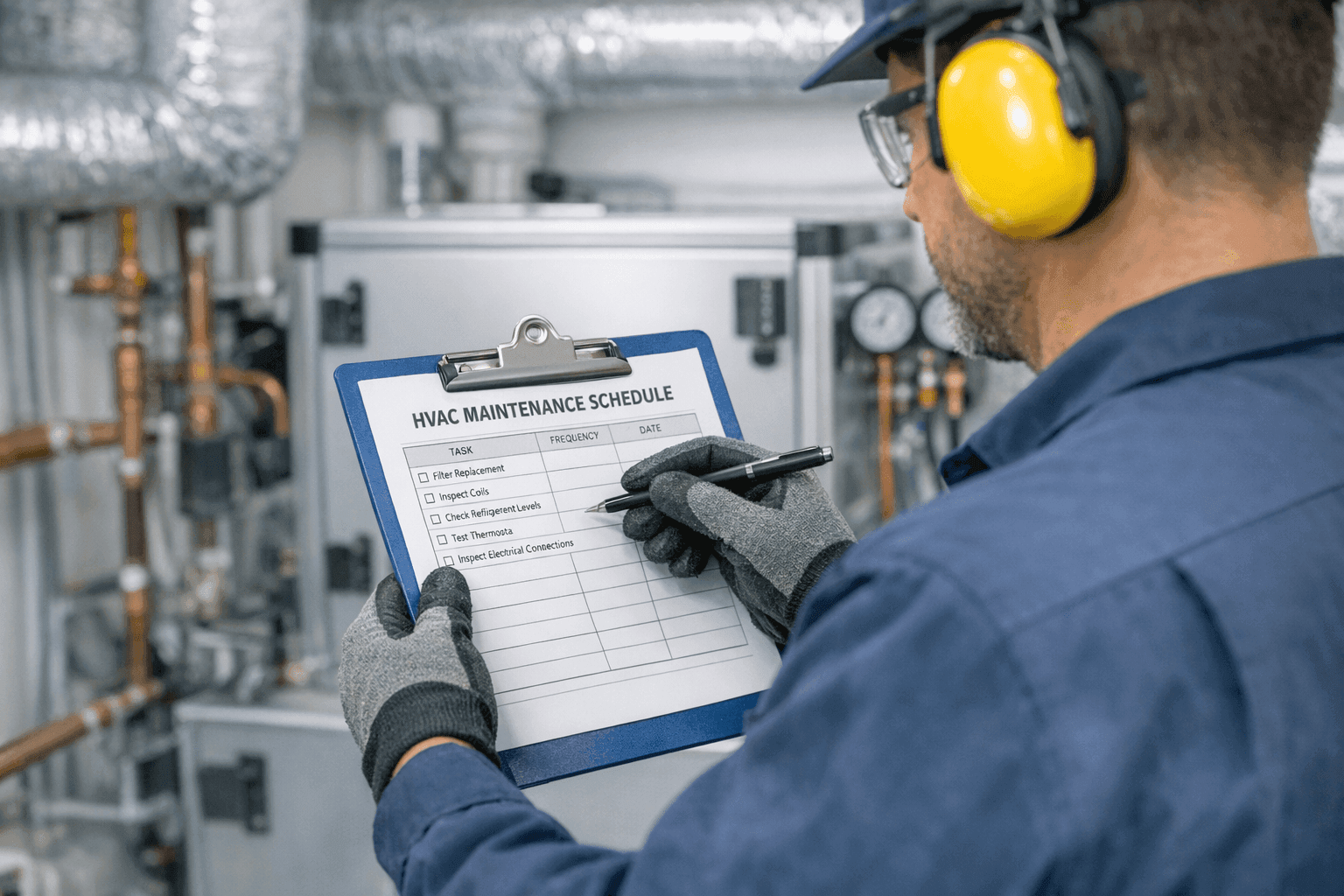Technician reviewing HVAC maintenance schedule on clipboard