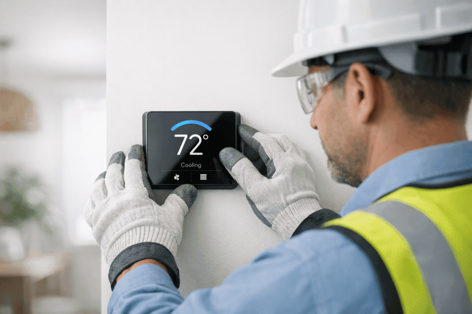 Technician installing a digital thermostat on a wall