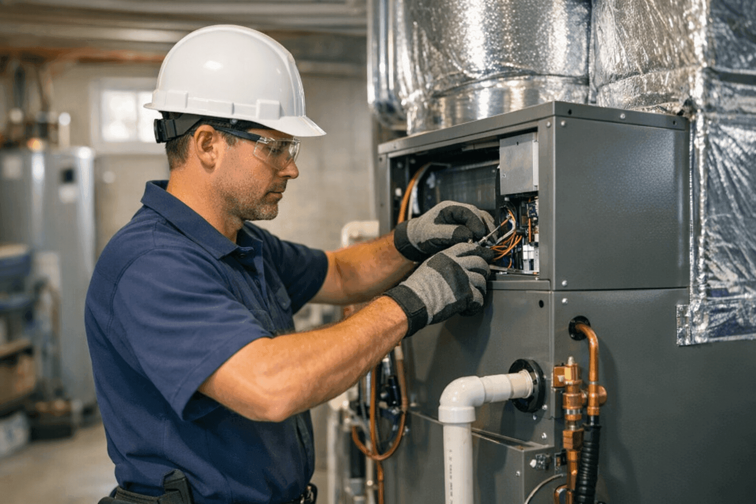 Technician installing new HVAC air handler in home