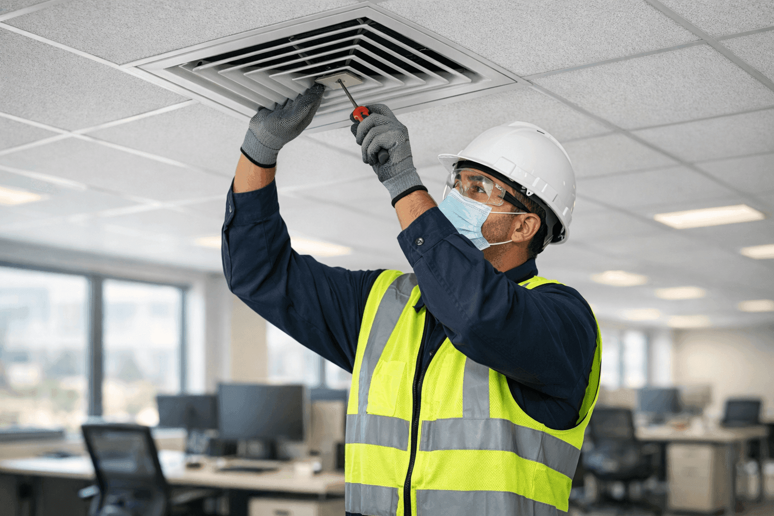 Technician adjusting air vent in open office workspace