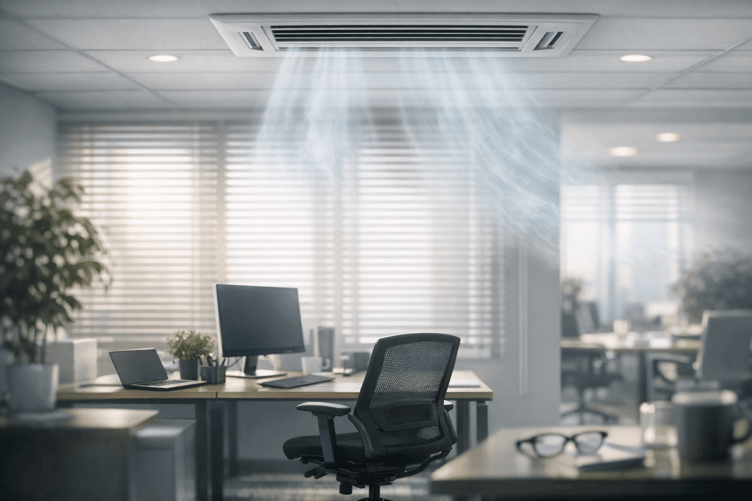 Office with blinds closed and AC running during heatwave