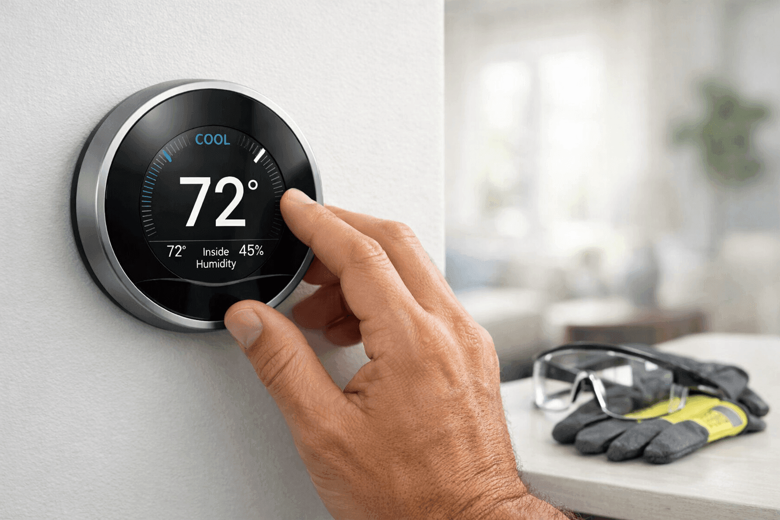 Person adjusting digital thermostat to save energy