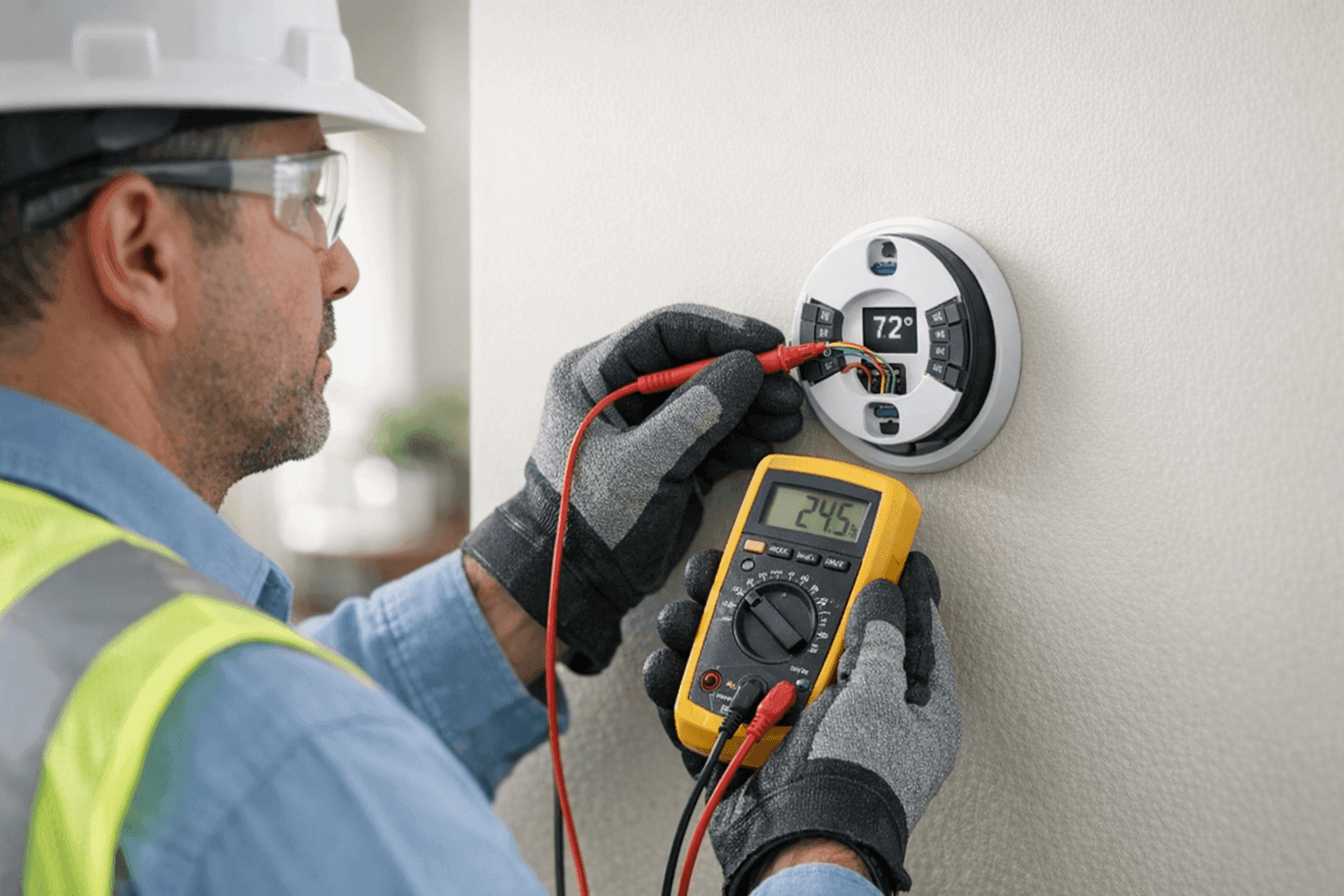 Technician checking wall thermostat settings