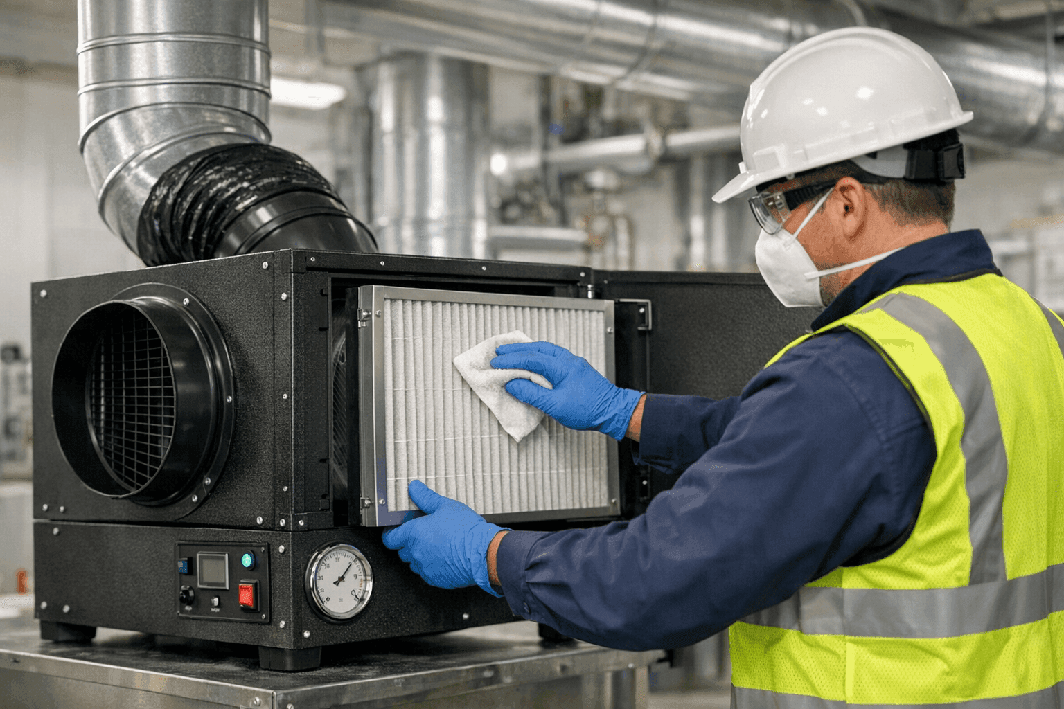 Technician maintaining air scrubber on HVAC duct