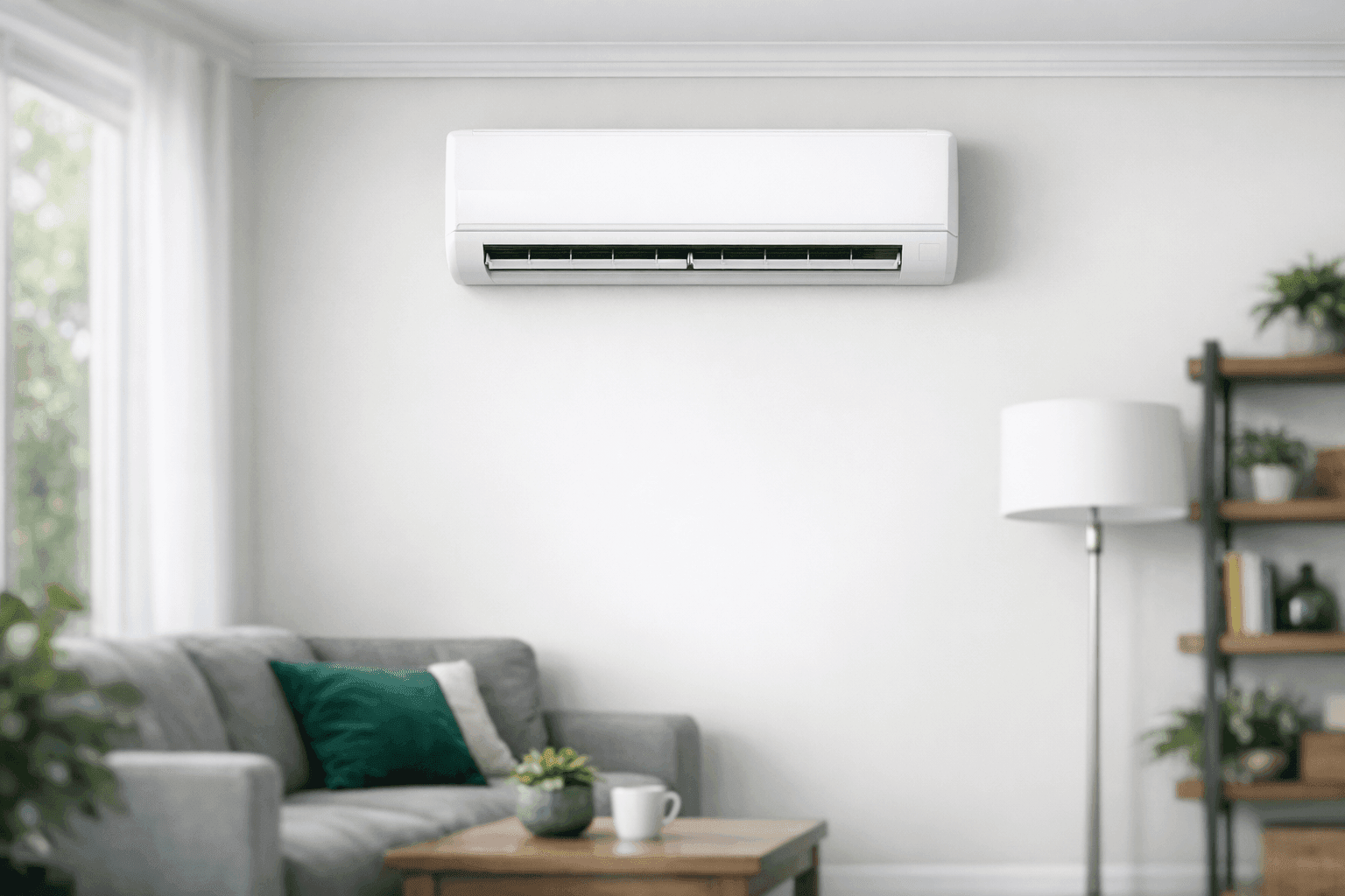 Mini-split unit mounted on interior wall of modern living room