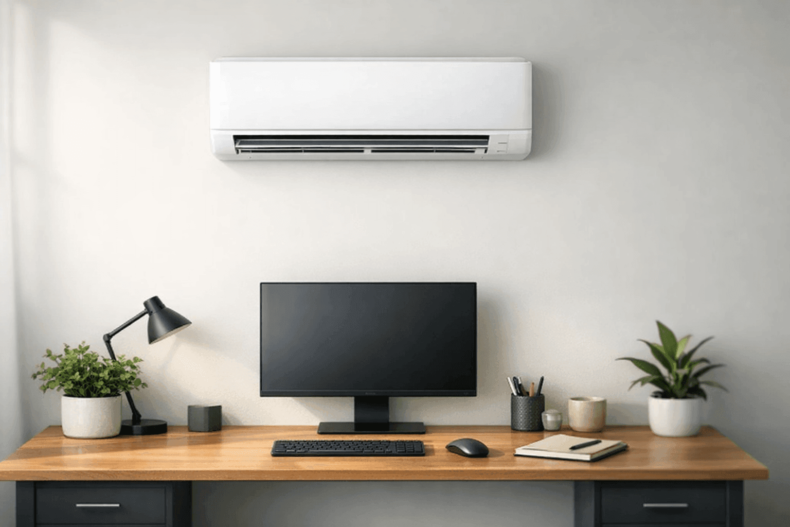 Mini-split AC unit mounted on office wall above desk