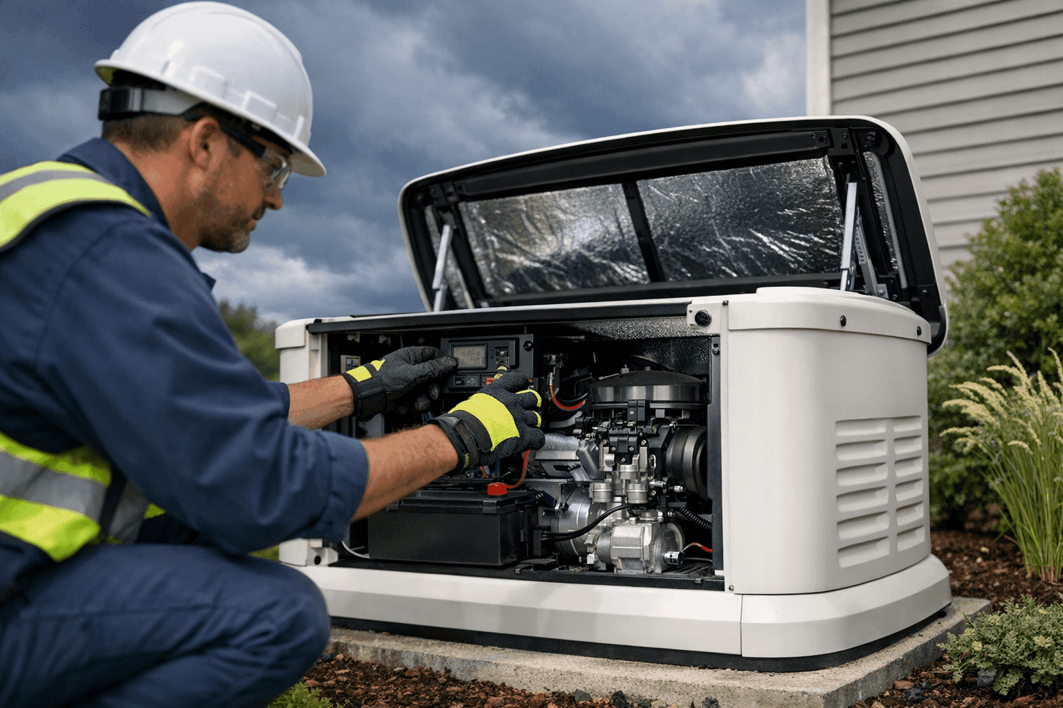 Technician preparing generator for storm season