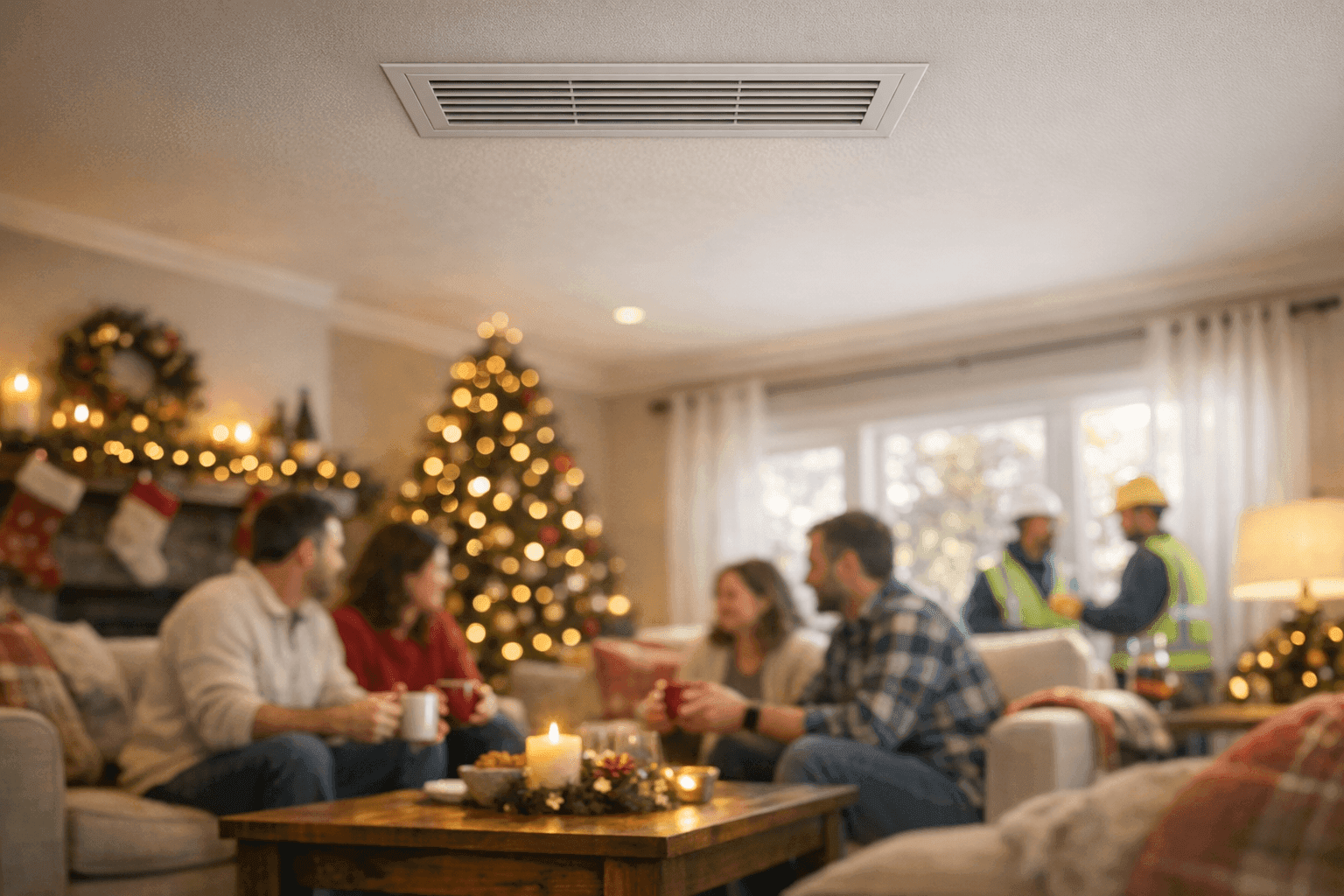Family relaxing in living room with HVAC running during holiday gathering