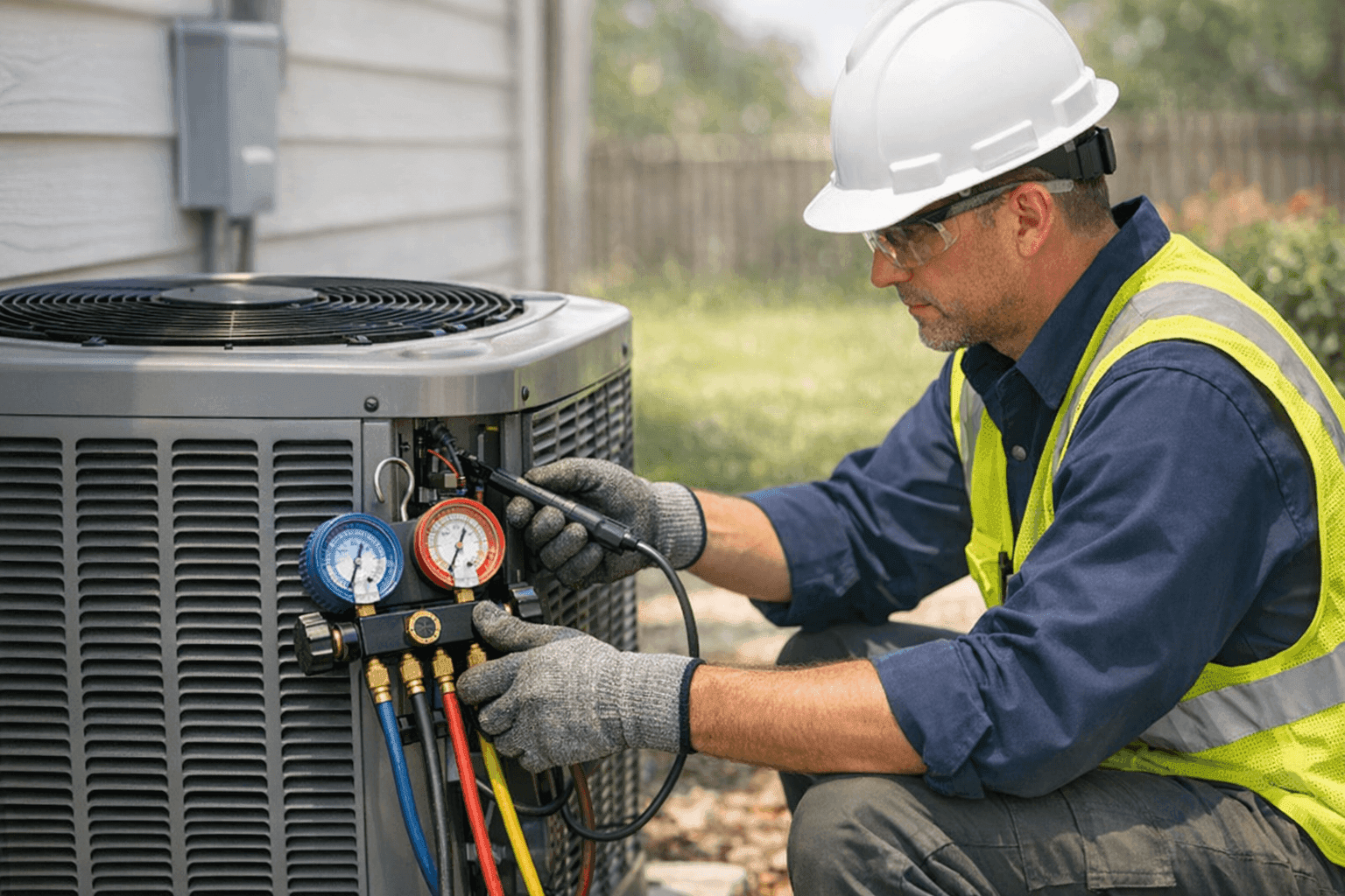 Technician checking AC condenser during summer heat