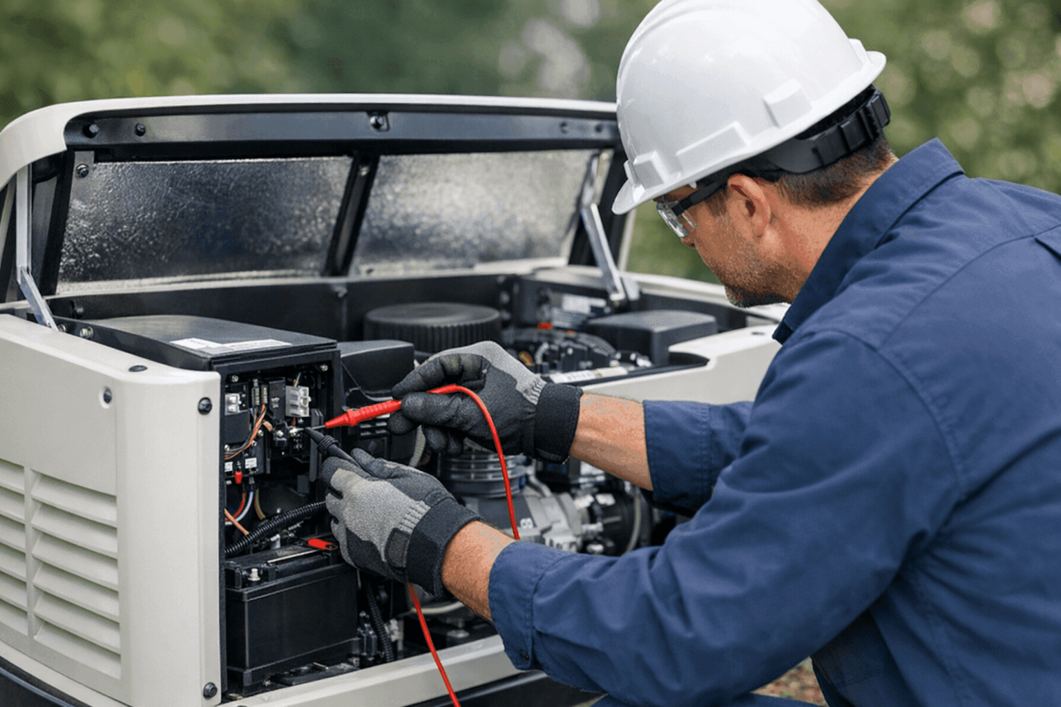 Technician performing routine check on standby generator