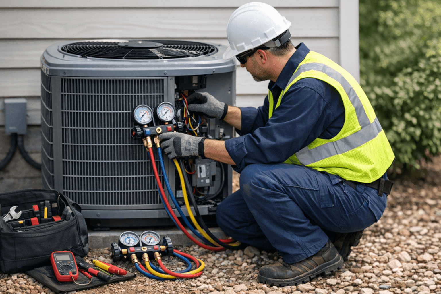 Technician performing routine maintenance on AC unit outside home