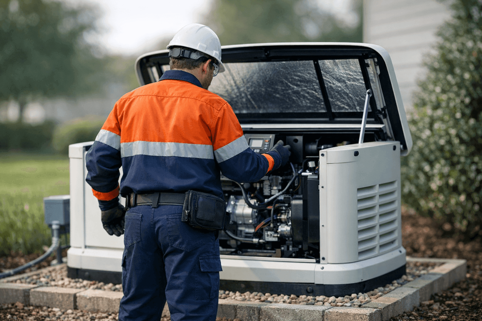 Technician inspecting standby generator outside building