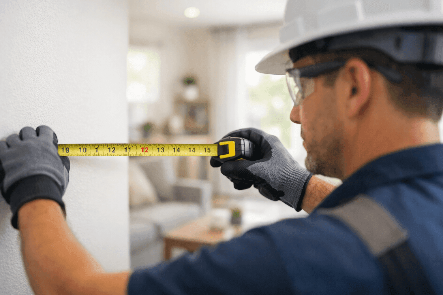 Technician measuring room size for AC installation