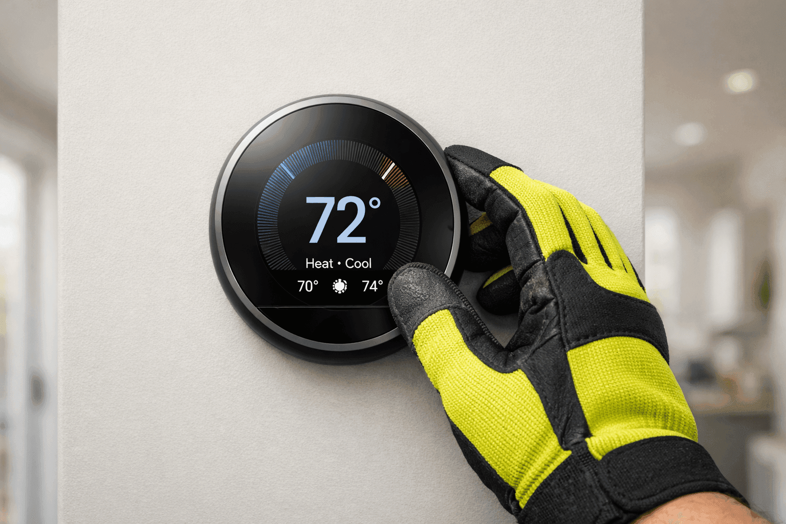 Closeup of hand adjusting smart thermostat on wall