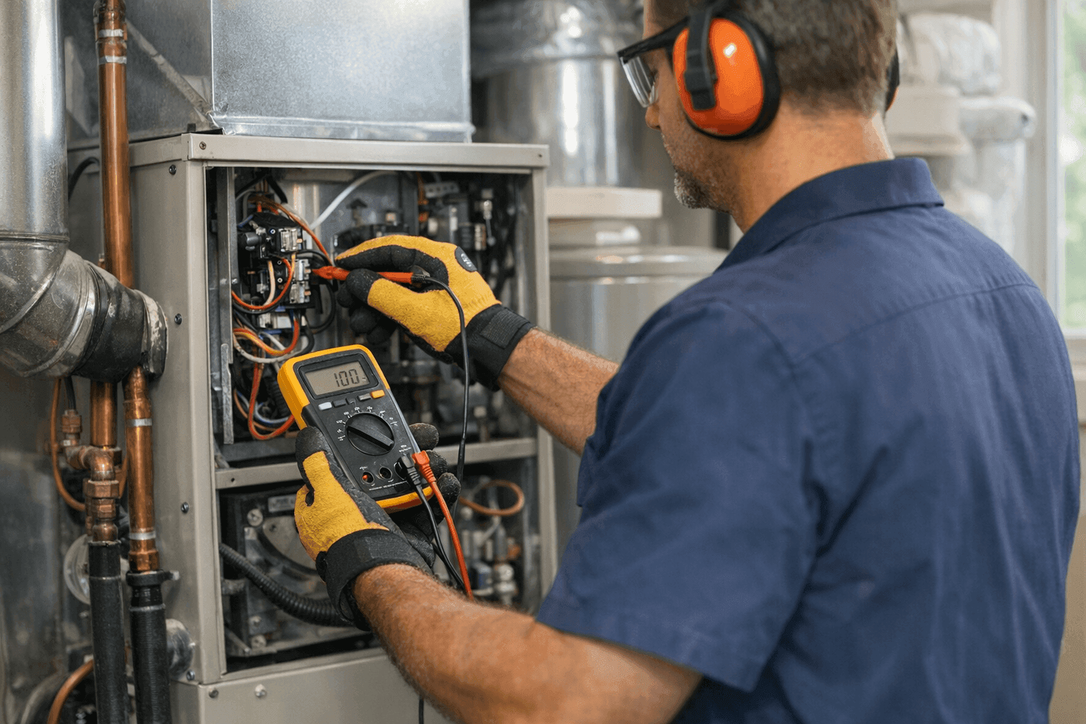 Technician checking HVAC system with digital meter
