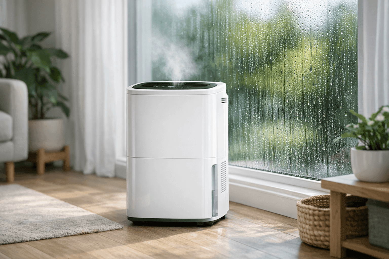 Dehumidifier operating near window with condensation