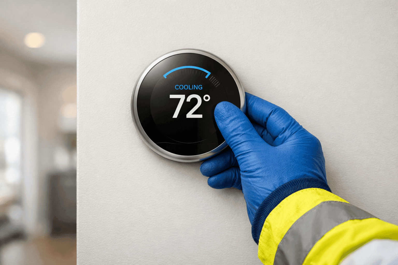 Person adjusting digital home thermostat on wall