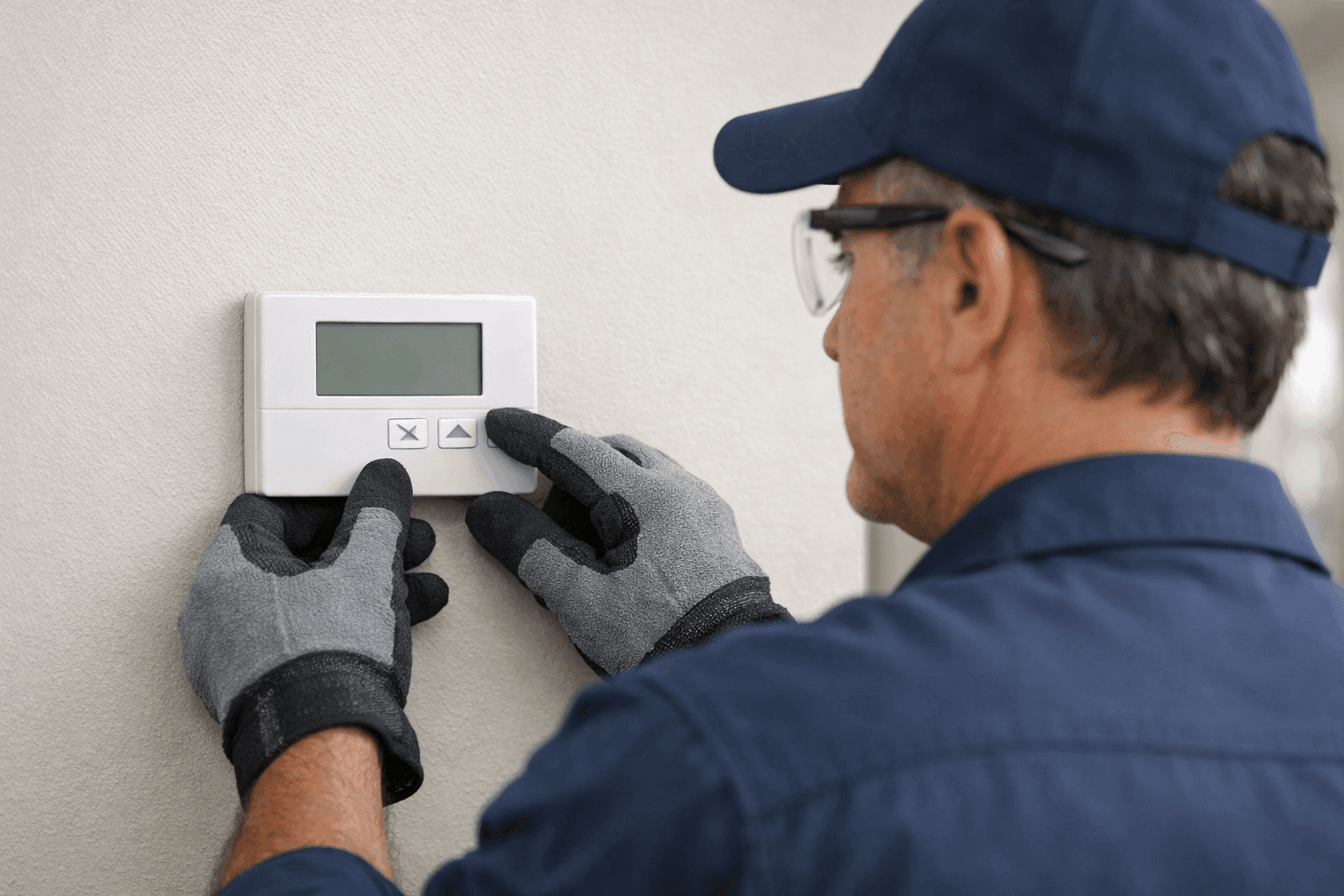 Homeowner examining unresponsive wall thermostat