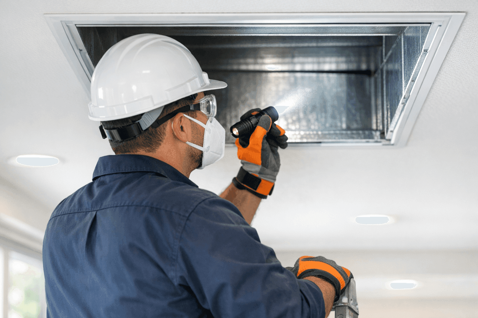 Technician inspecting clean air ducts with flashlight