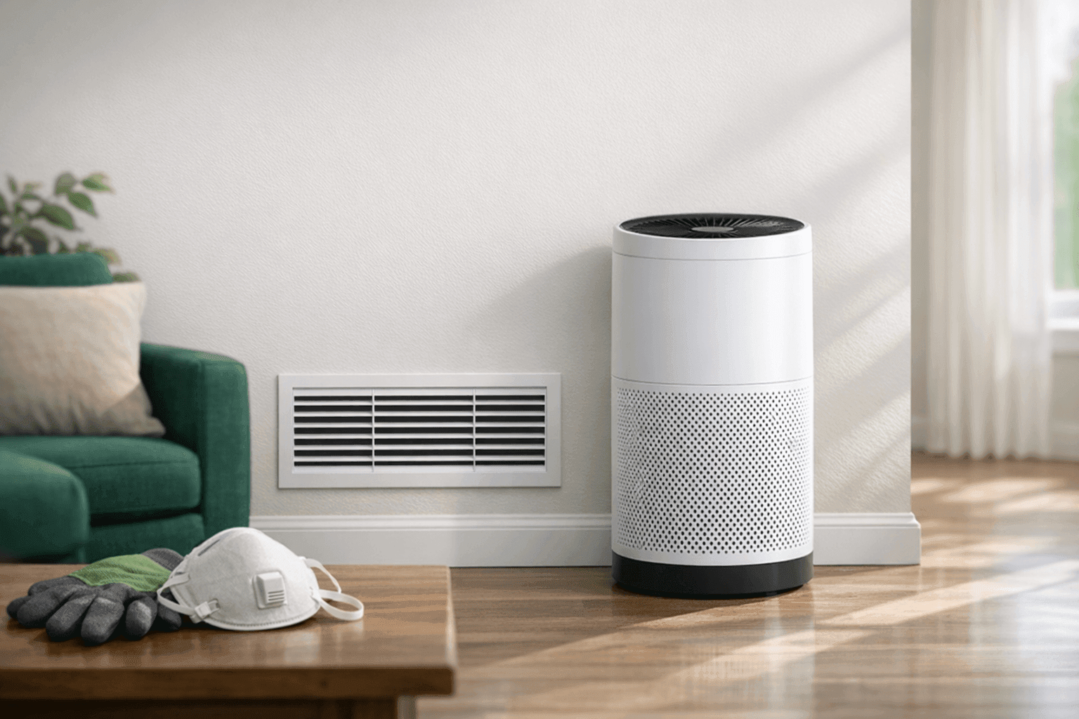 Air purifier and HVAC vent in modern allergy-friendly room