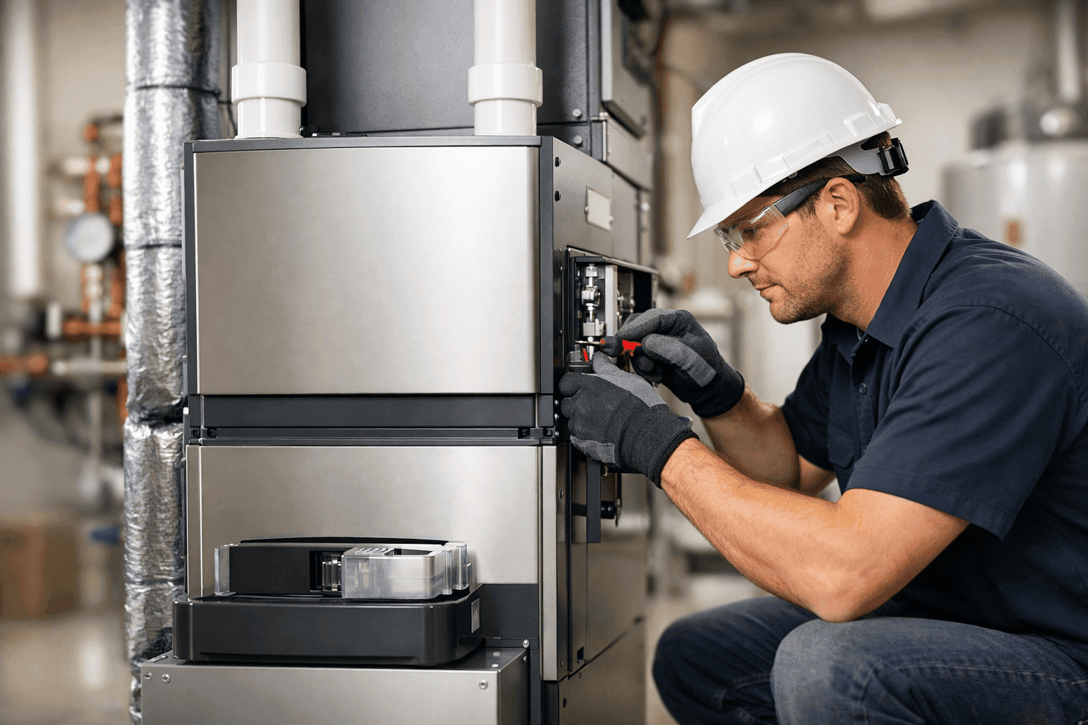Technician installing high-efficiency HVAC unit